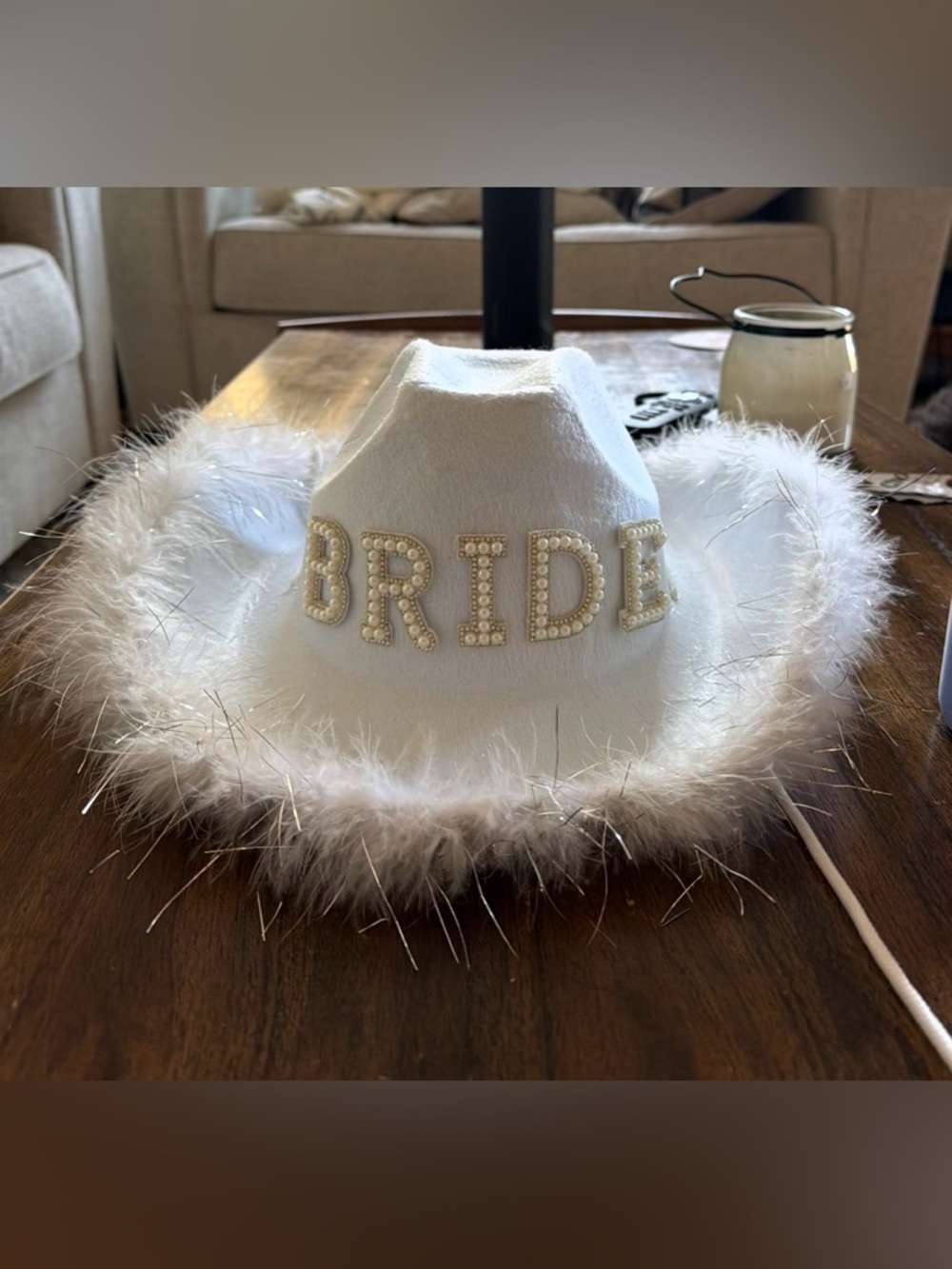 White 'BRIDE' Feather Trim Cowgirl Hat